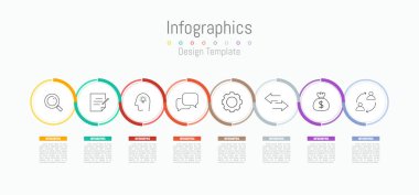 İş verileriniz için Infographic 8 seçenekleri tasarım elemanları. Vektör İllüstrasyonu.