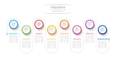 İş verileriniz için Infographic 8 seçenekleri tasarım elemanları. Vektör İllüstrasyonu.