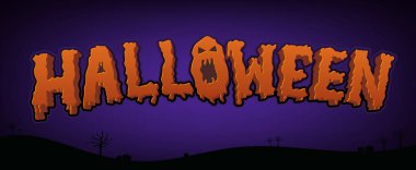 Mor arkaplanda Cadılar Bayramı turuncu metin tasarımı ögeleri, vektör illüstrasyonu.