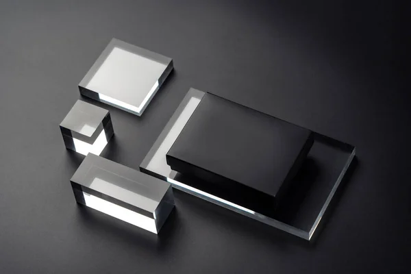 Composición Elegante Con Maqueta Caja Negra Formas Geométricas Vidrio Caja —  Fotos de Stock