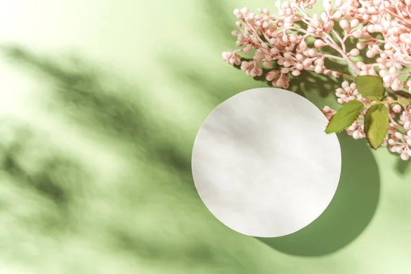 硬い光で開花春の花の背景に製品プレゼンテーションのための空の白い円モックアップ表彰台 コピースペース付きのトレンディなデザインのフラットレイ トップ表示 — ストック写真