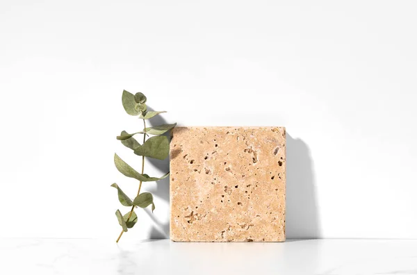 Trawertynowa Scena Wyświetlania Kamienia Dla Prezentacji Produktu Eukaliptusa Liści Białym — Zdjęcie stockowe