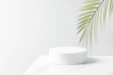 White circle pedestal for beauty cosmetic product presentation. Bathroom shelf mockup.