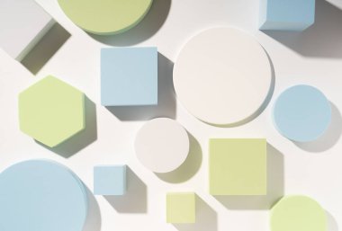 Product presentation scene made with geometric shapes. Top view. Studio photography.