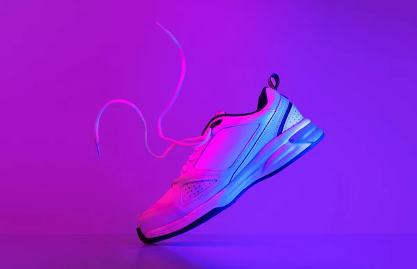 White Sneaker Levitation Neon Lights — Stock Photo, Image