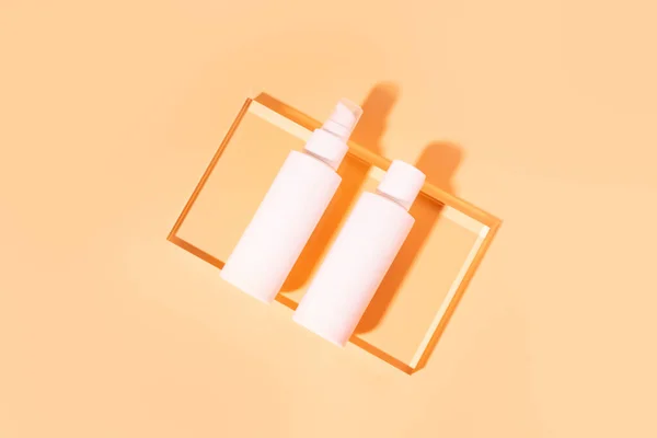 Mockup Vit Skönhet Kosmetika Flaskor Platt Låg Grädde Gel Tonic — Stockfoto