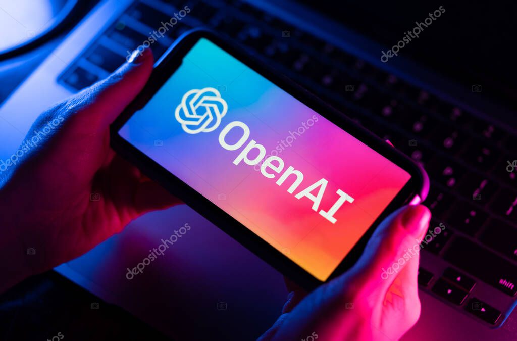 Illustrative editorial of OpenAI logo on smartphone screen. Open Ai is an American company that develops machine learning known for AI ChatGPT and DALL-E: POLTAVA, UKRAINE - 12 February 2023.