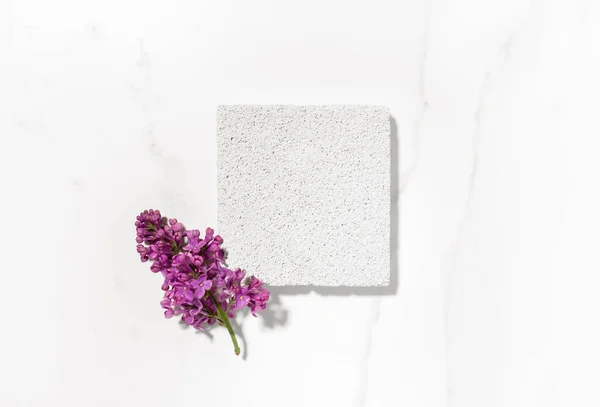 stock image Cosmetics skin care product presentation flat lay scene and display made with pumice stone podium and lilac flowers. Studio photography.