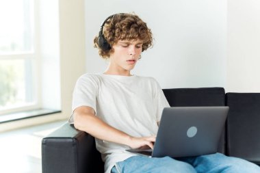 İnternette yakışıklı kıvırcık saçlı öğrenciyle çevrimiçi bilgi edinme, bilgisayar ve kulaklıkla öğrenme