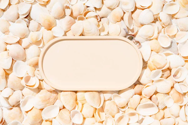 Summer cosmetics product presentation scene made with beige plate on seashells background.