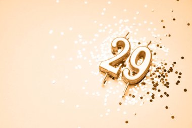 29 yıl boyunca, ışıltının üzerinde yatan 29 numara şeklinde altın mumla yapılan şenlik arka planını kutladık. Kopya alanı olan evrensel bayram afişi.