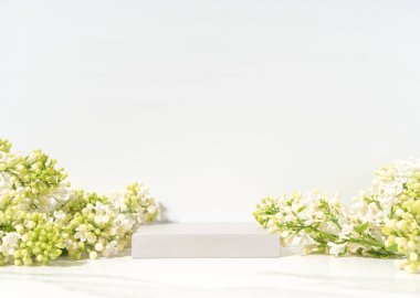 Kozmetik cilt bakımı sunumu. Taş podyum ve beyaz arka planda çiçek dallarıyla yapılmış sahne gösterisi. Stüdyo fotoğrafçılık.