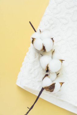 Sarı arka planda beyaz havluya yerleştirilmiş narin pamuk çiçeklerinin yakın plan çekimi. Evde tazelik ve temizlik kavramı.