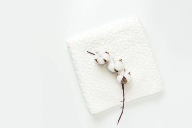 Beyaz arka planda beyaz pamuk havlunun üzerinde duran pamuk çiçeği. Üst Manzara. Evde tazelik ve temizlik kavramı.