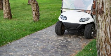 Misafir taşımacılığı ve otelin etrafındaki bagajlar için golf arabasının bir parçasıyla fotojenik bir arka plan.
