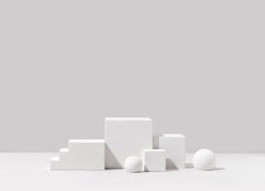 Alçı küpleri, basamaklar ve küreler ile zarif bir düzende yapılan ürün fotoğrafçılığı için minimalist beyaz geometrik ürün sunumu sahnesi. Stüdyo fotoğrafçılık.