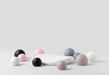 Minimalist Geometrik Kompozisyon Ürün Sunum Sahnesi: Beyaz Arkaplan 'daki Pastel Shades' te Yumuşak Kabarcık Küre ve Beyaz Taş Yaya. Stüdyo fotoğrafçılık.