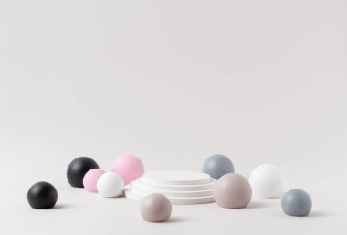 Renkli Bubble Spheres ve Beyaz Adımlı Pedestal ile yapılan Ürün Sunum Arkaplanı. Stüdyo fotoğrafçılık.