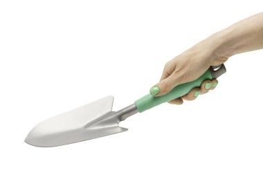 Elde bahçe malası beyaz yolda izole edilmiş, kırpma yolu hazır