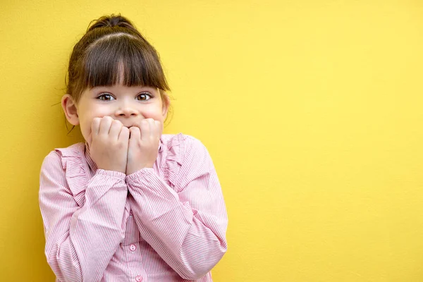 Little Child Girl Surprised Something Holding Hands Cheek Cute Kid — Stock Photo, Image
