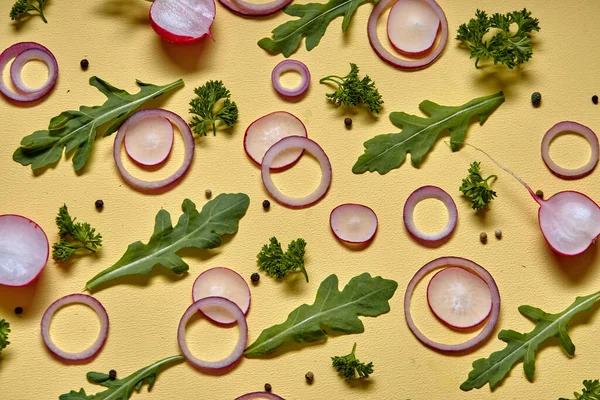 Top View Onion Slices Radish Fresh Herbs Isolated Yellow Wall — Stockfoto