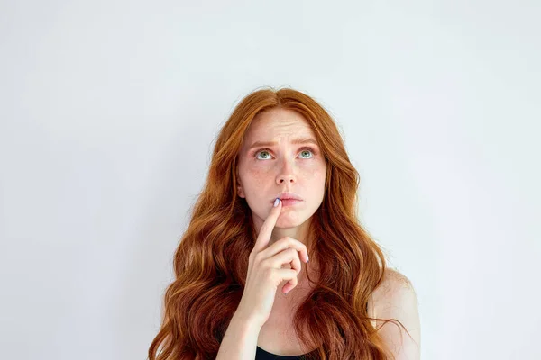 Portrait Young Redhead Female Looking Thoughtful Facial Expression Copy Space — Stock Photo, Image