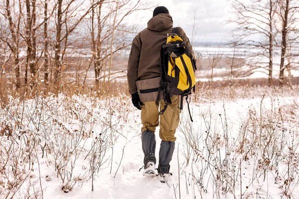 バックパックと一緒に旅行認識できない男の背面ビュー 森の冬のハイキング 森の中で冬には徒歩で観光客 ブッシュクラフト狩猟旅行ハイキングのコンセプト 後ろからの眺め — ストック写真