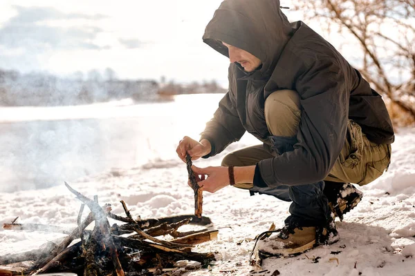 Young Man Expedition Making Fire Forest Wild Nature Bonfire Male — Foto de Stock