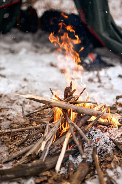 Close Focus Bonfire Burning Bushcraft Adventure Travel Tourism Camping Concept — Stock Fotó