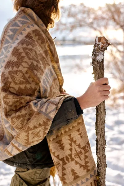 Young Male Tourist Wooden Stick Looking While Walking Winter Forest — Photo
