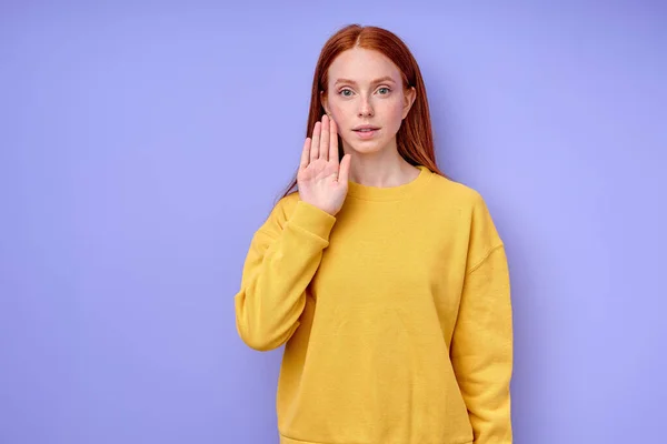 Young Deaf Mute Red Haired Woman Using Sign Language Blue — Stock Photo, Image