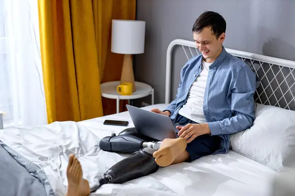 Positive Male Disability Special Needs Sit Bed Work Laptop Cheerful — Stock Photo, Image
