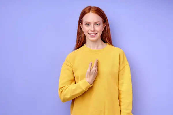 Smiling Ginger Girl Pointing Herself Closeup Portrait Isolated Blue Background — Stock Photo, Image