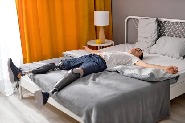 Happy Caucasian Disabled Male Lying Cozy Bed Morning Work Having — Stock Photo, Image
