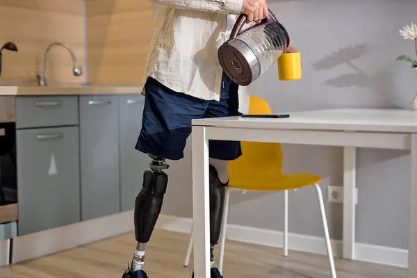 Cropped Handicapped Disabled Person Disability Standing Bionic Smart Prosthesis Kitchen — Stock Photo, Image