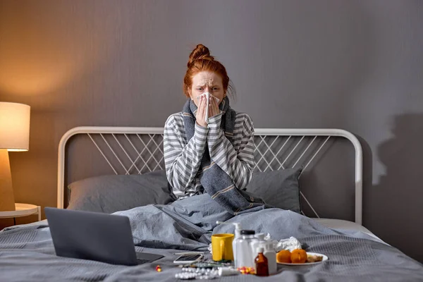 Week Pale Unhappy Ginger Woman Blowing Her Nose Suffering Running Stock Picture