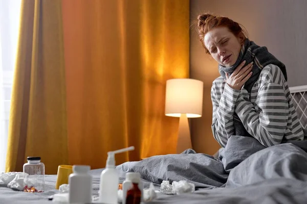 Sad Sick Young Caucasian Woman Sore Throat Home Health Cold — Stock Photo, Image