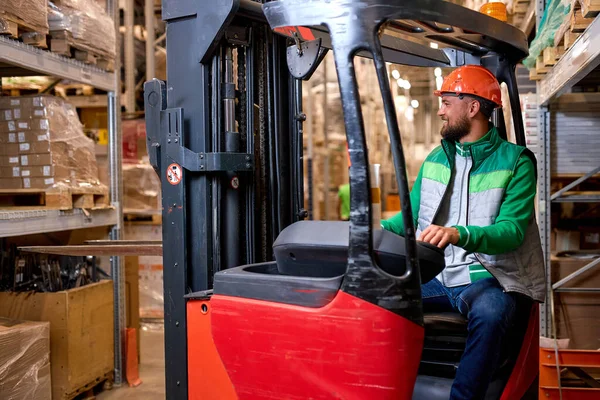 Retail Warehouse Full Shelves Goods Man Electric Forklift Truck Going — Stock Photo, Image