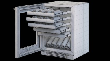 Mutfak rafında boş şarap dolabı. Şarap Soğutucu 3B Hazırlama