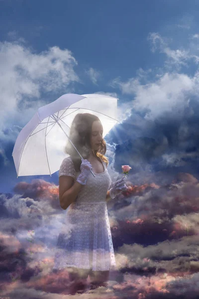Elegant Woman White Dress Umbrella Clouds Holding Rose Has Similar — Stock Photo, Image