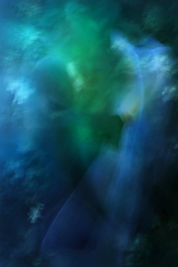 Mavi peçeli, beyaz Hortensialı çiçeklerle hareket eden bir kadın dansçının yan görüntüsü.