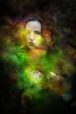 Karanlık ormandaki bitkilerle çevrili siyah, parıltılı bir duvağı olan bir küreyi tutan bir kadın hayalperestin yakınına..