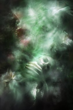 Dişi bir dansçı beyaz bir duvak tutuyor, içinde zambaklar ve diğer çiçek şekilleri var..