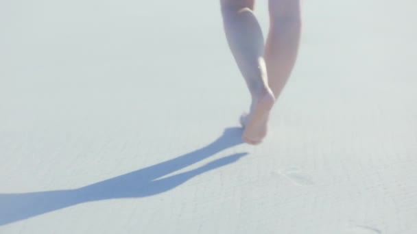 Ззаду Жінка Білою Солом Яною Сумкою Йде Пляжі — стокове відео