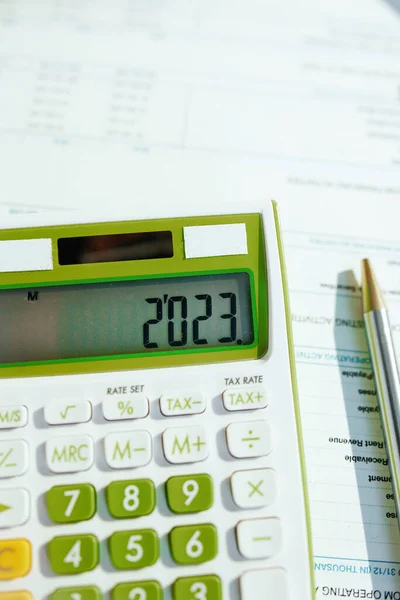 Tempo Impostos Calculadora Documentos Mesa — Fotografia de Stock