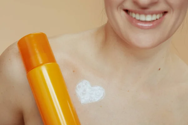 Closeup Young Woman Cosmetic Cream Jar Heart Shaped Cream Chest — Stock Photo, Image
