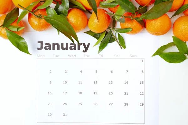 Winterflat Met Mandarijnen Januari Kalender — Stockfoto