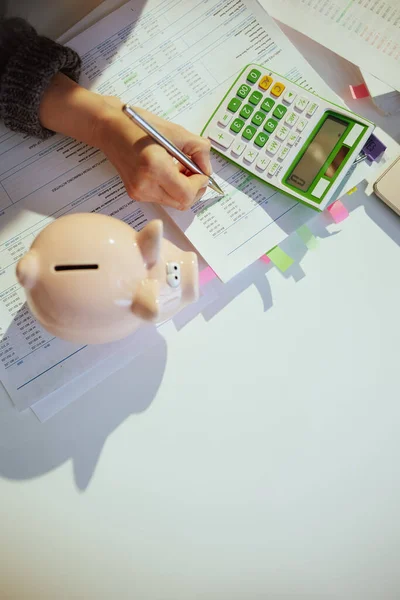 Tax Time Piggy Bank Accountant Woman Calculator Documents Working Office — Stock Photo, Image