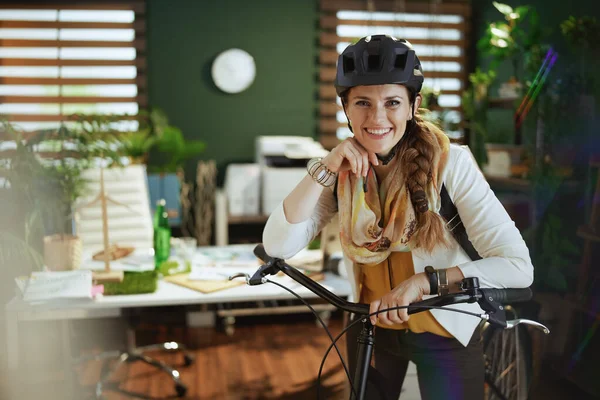 Portrait Happy Stylish Middle Aged Business Woman Bike Helmet Bike — Photo