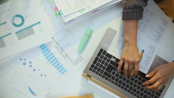 Tax Time Accountant Woman Documents Laptop Working — Stock Video